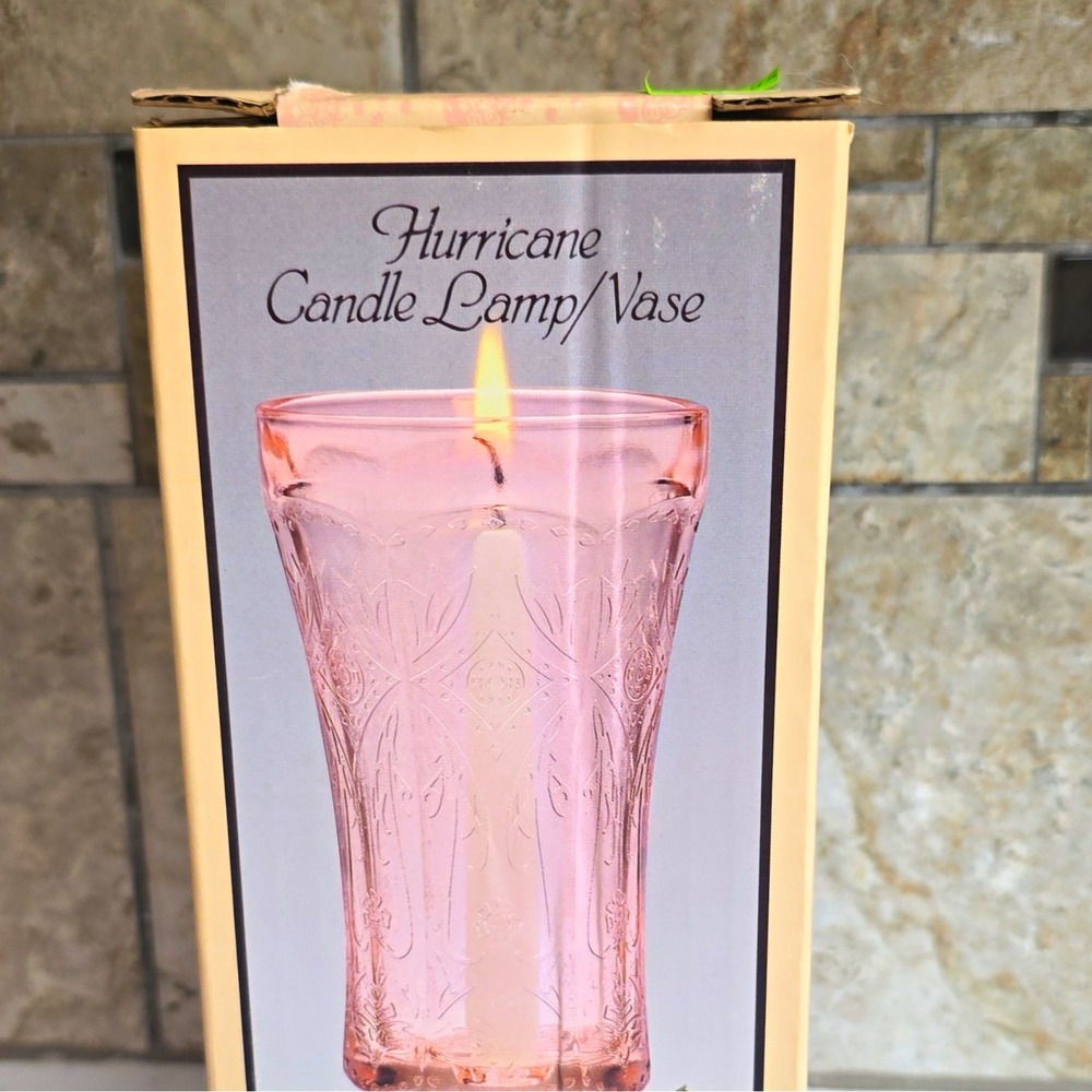 Pink Glass Hurricane Candle Lamp/Vase Floral Pattern Pillar 12in MPN 4800
